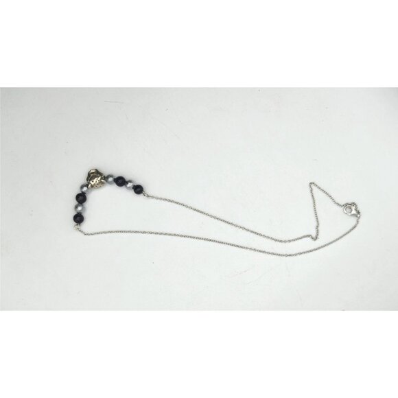 Sterling Silver Necklace Cat Head Pendant Black & Silver Beads Animal Jewelry - Picture 5 of 6